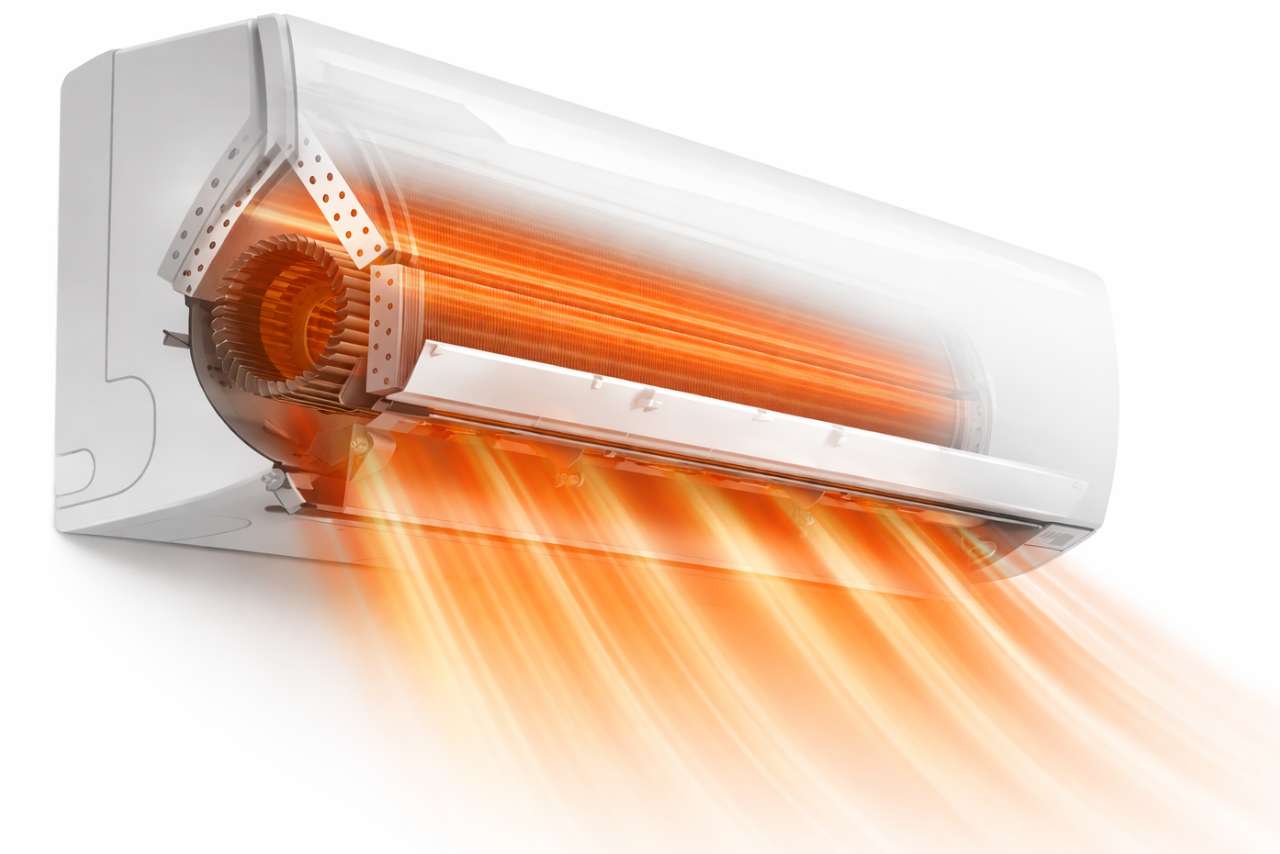 Fűtésre alkalmas fali klíma metszeti ábra, meleg levegő kiáramlással