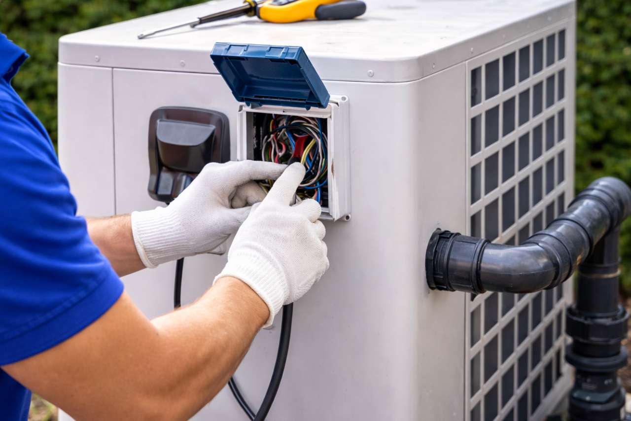 Hőszivattyú karbantartás Esztergomban – szakember kültéri egységet ellenőriz és szerel
