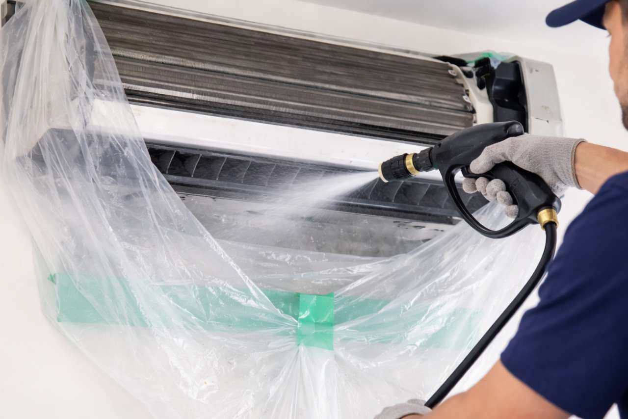Klíma tisztítás és karbantartás Esztergomban – szakember beltéri egységet mos át