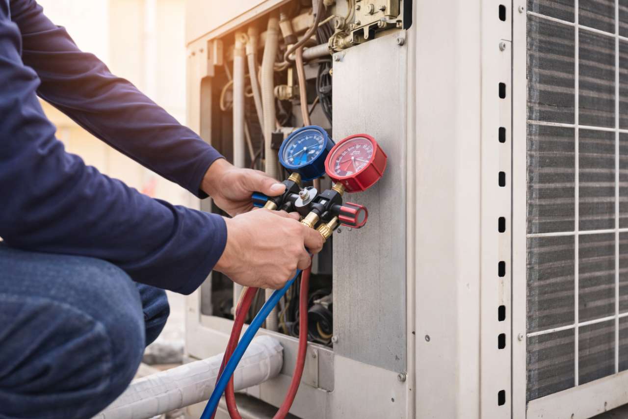 Klíma szivárgás ellenőrzés Esztergomban – szakember nyomásmérő műszerrel vizsgál